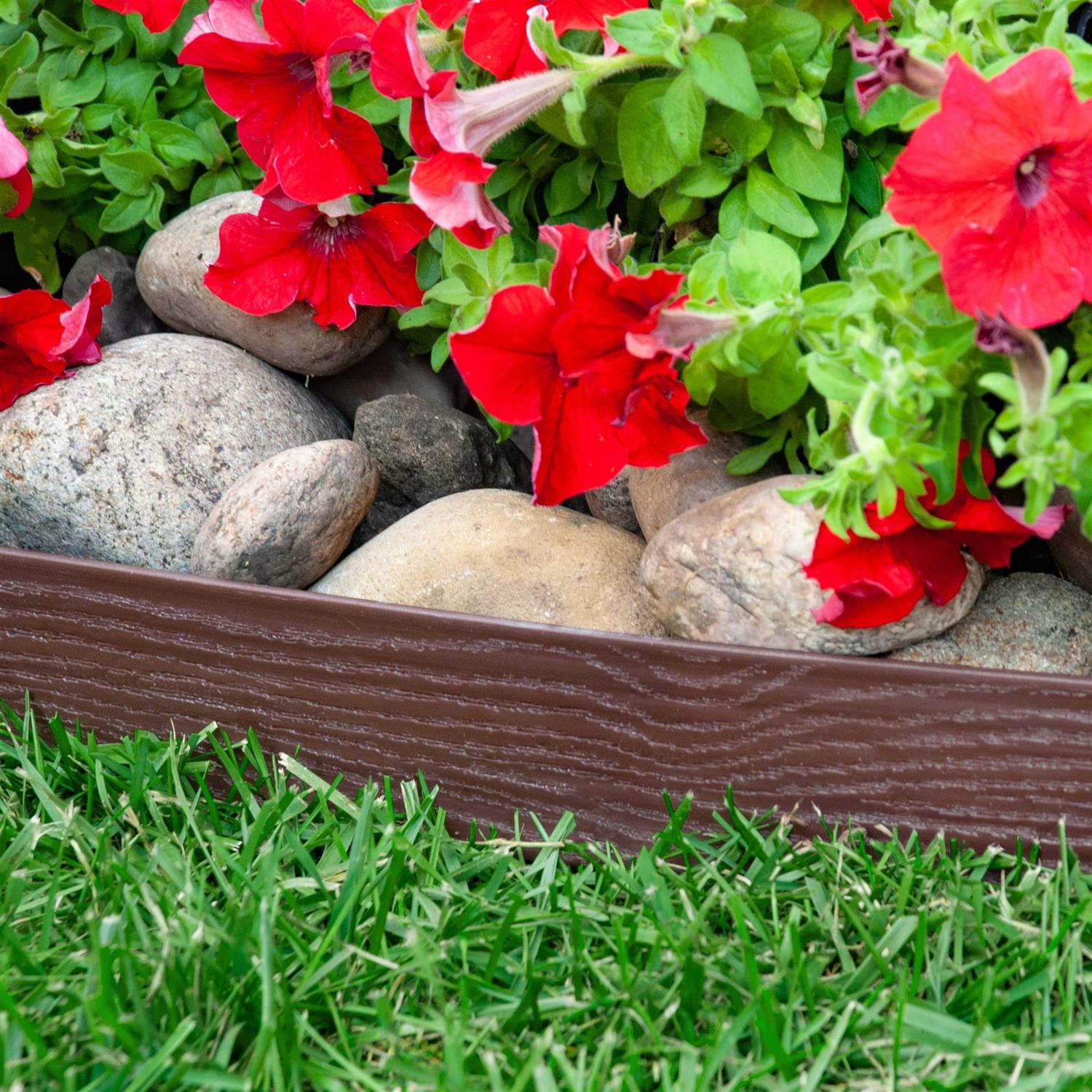 EasyFlex Tall Wall No-Dig Landscape Edging with Anchoring Spikes 2.5 in. Tall Straight Top Plastic Garden Border with Woodgrain Texture - Cheap Fitting