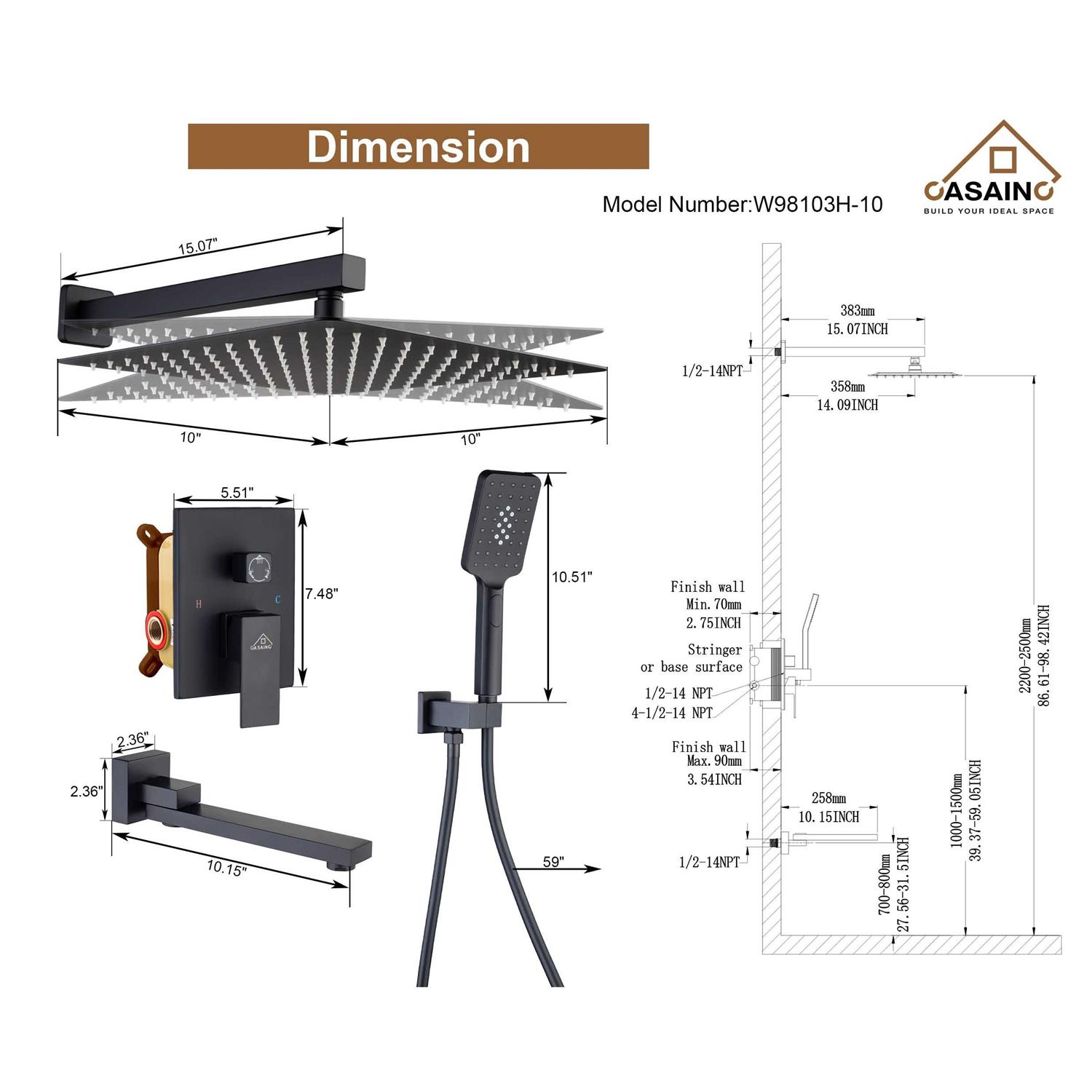 CASAINC 10 in Shower System Wall Mount 3-Functions Square Shower Faucet Set with Handheld Spray,Matte - Cheap Fitting
