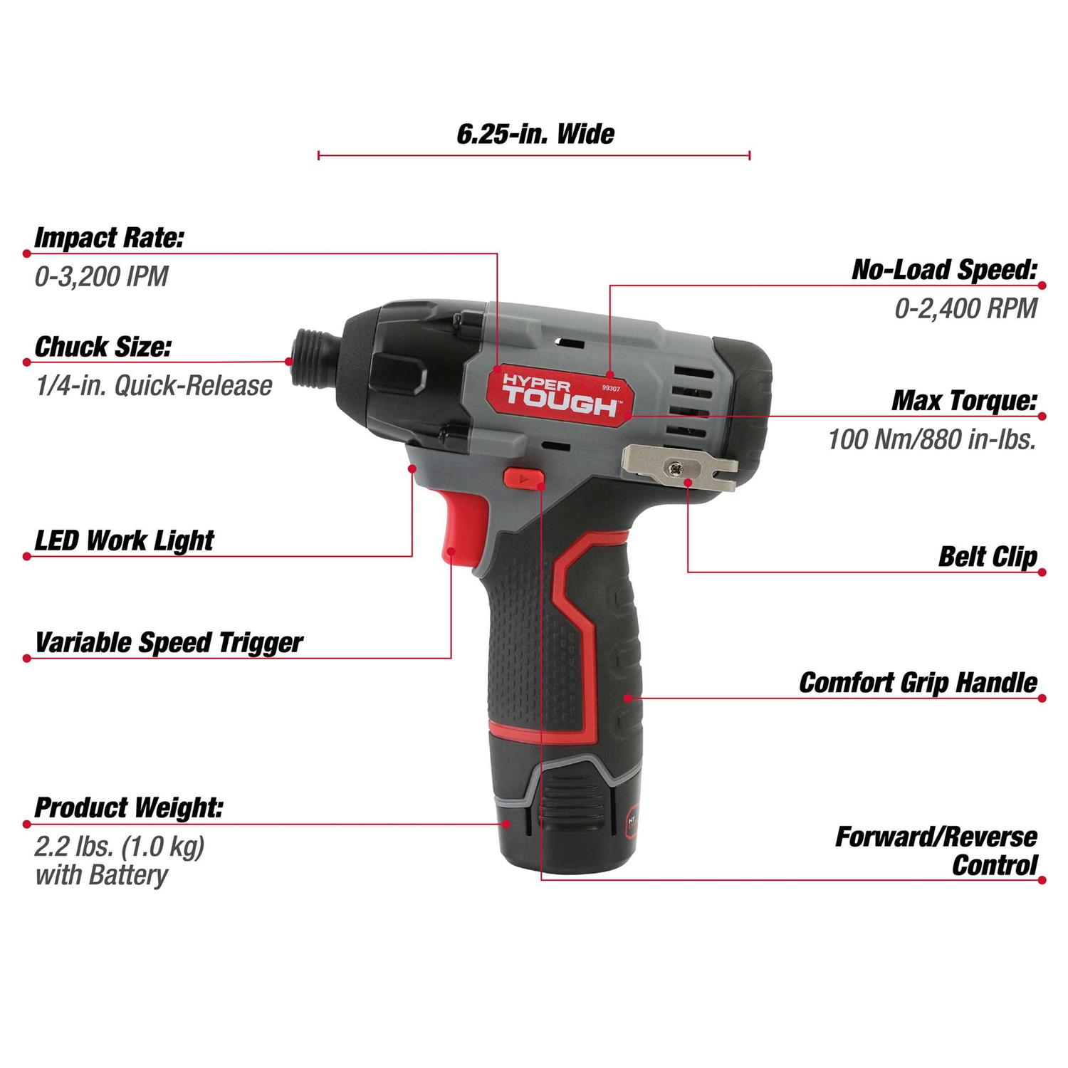 Hyper Tough 12V Max* Lithium-Ion Cordless Impact Driver with 1.5Ah Battery and Charger 99307 - Cheap Fitting
