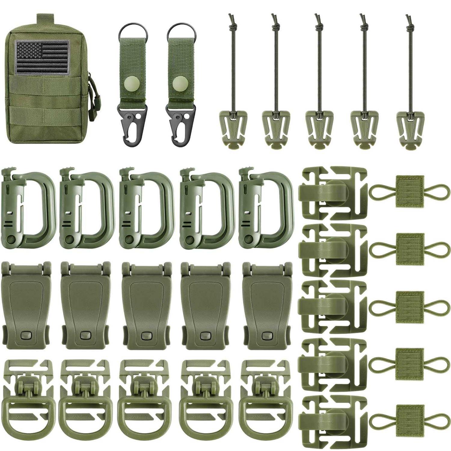 FRTKK Molle Accessories Kit of 34 Attachments for Tactical Backpack Belt Vest D-Ring Locking Gear Clip for 1“ Webbing Strap - Cheap Fitting