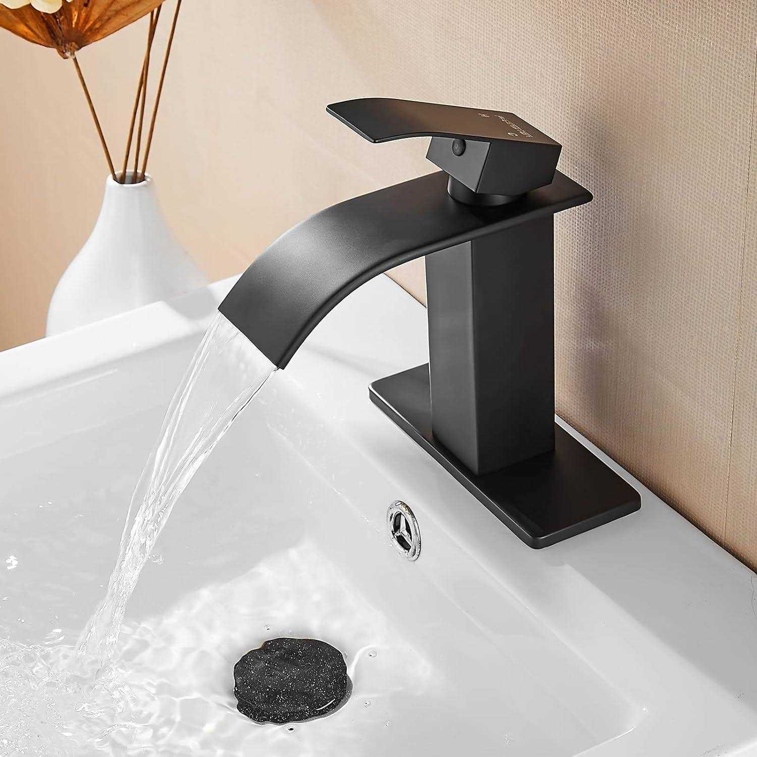 Fransiton Black Waterfall Bathroom Faucet Lavatory Single Handle 1 or 3 Hole Bathroom Sink Faucet Washbasin Faucet with Deck and Pop-up Drain - Cheap Fitting