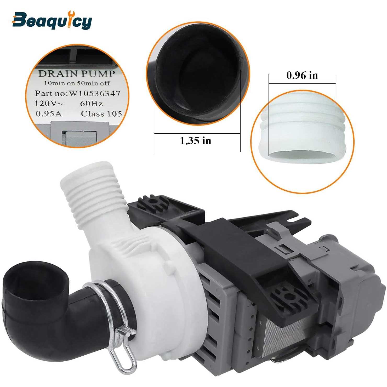 W10536347 W10155921 W10049390 Washer Drain Pump with 3 Mounting Screws by Beaquicy - Cheap Fitting