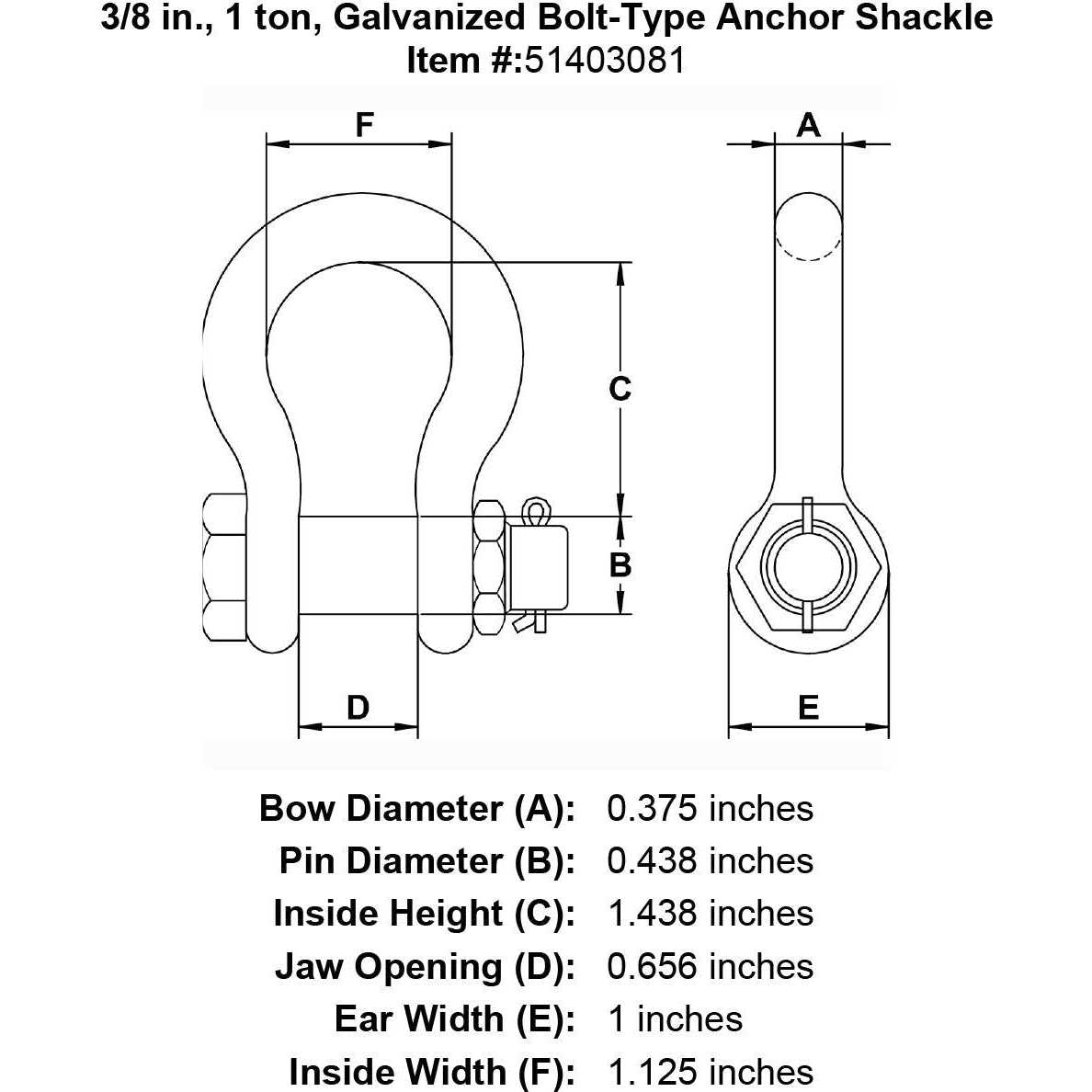 1 inch, 8.5 Ton, Galvanized Bolt-Type Anchor Shackle, Silver 3698 - Cheap Fitting