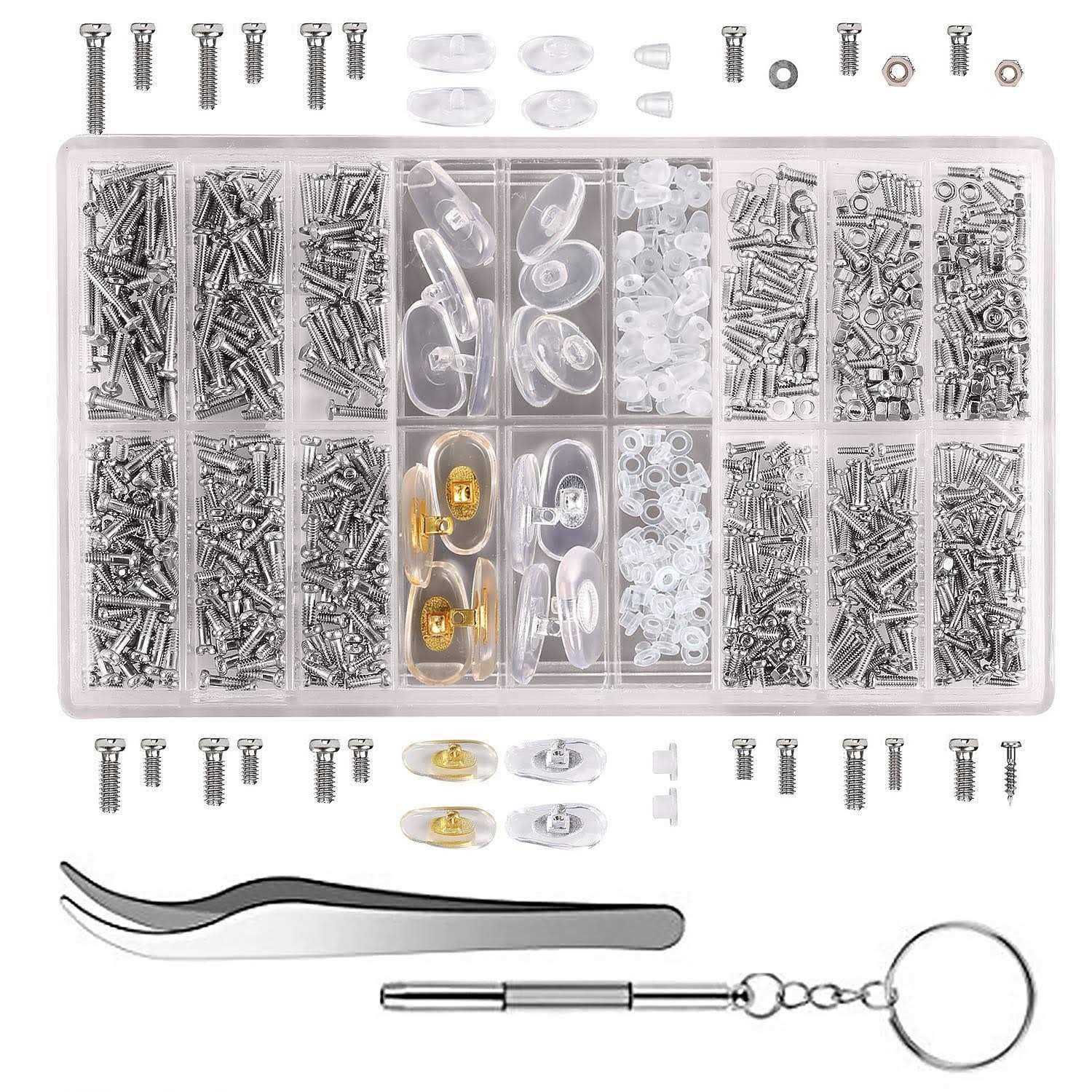 bayite Eyeglass Sunglass Repair Kit with Nose Pads Screws Tweezers Screwdriver 21 Types 1000pcs Assortment Screws for Watch - Cheap Fitting