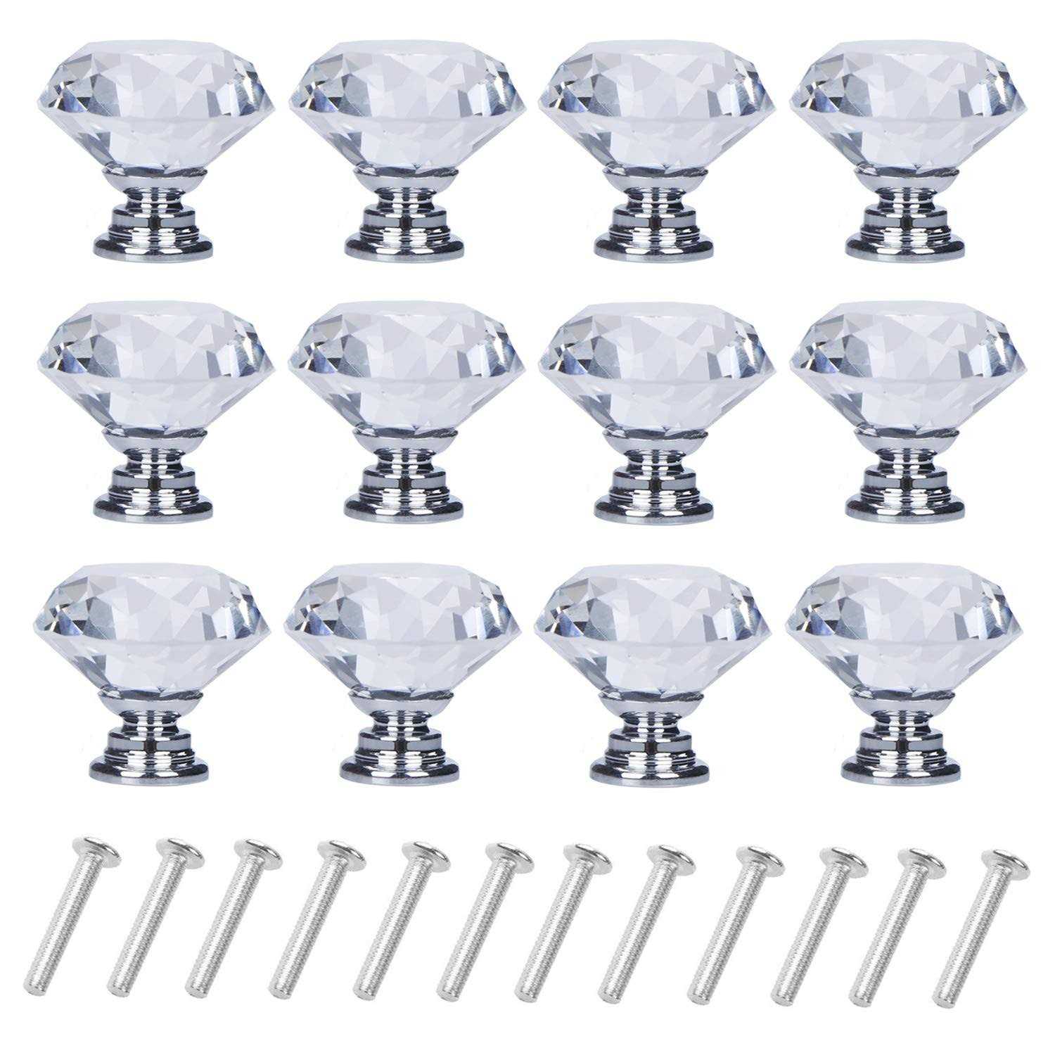 Yourgift 12 Pack Drawer Knobs Diamond Shaped Crystal Glass 30mm Cabinet Knobs Pull Handles - Cheap Fitting
