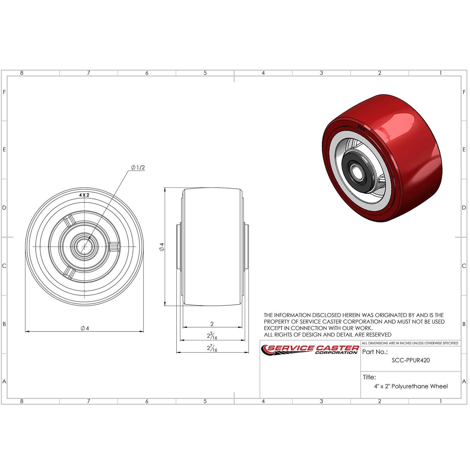 Service Caster 4 x 2 Polyurethane on Polyolefin Wheel Only with Roller Bearing SCC-PPUR420 - Cheap Fitting