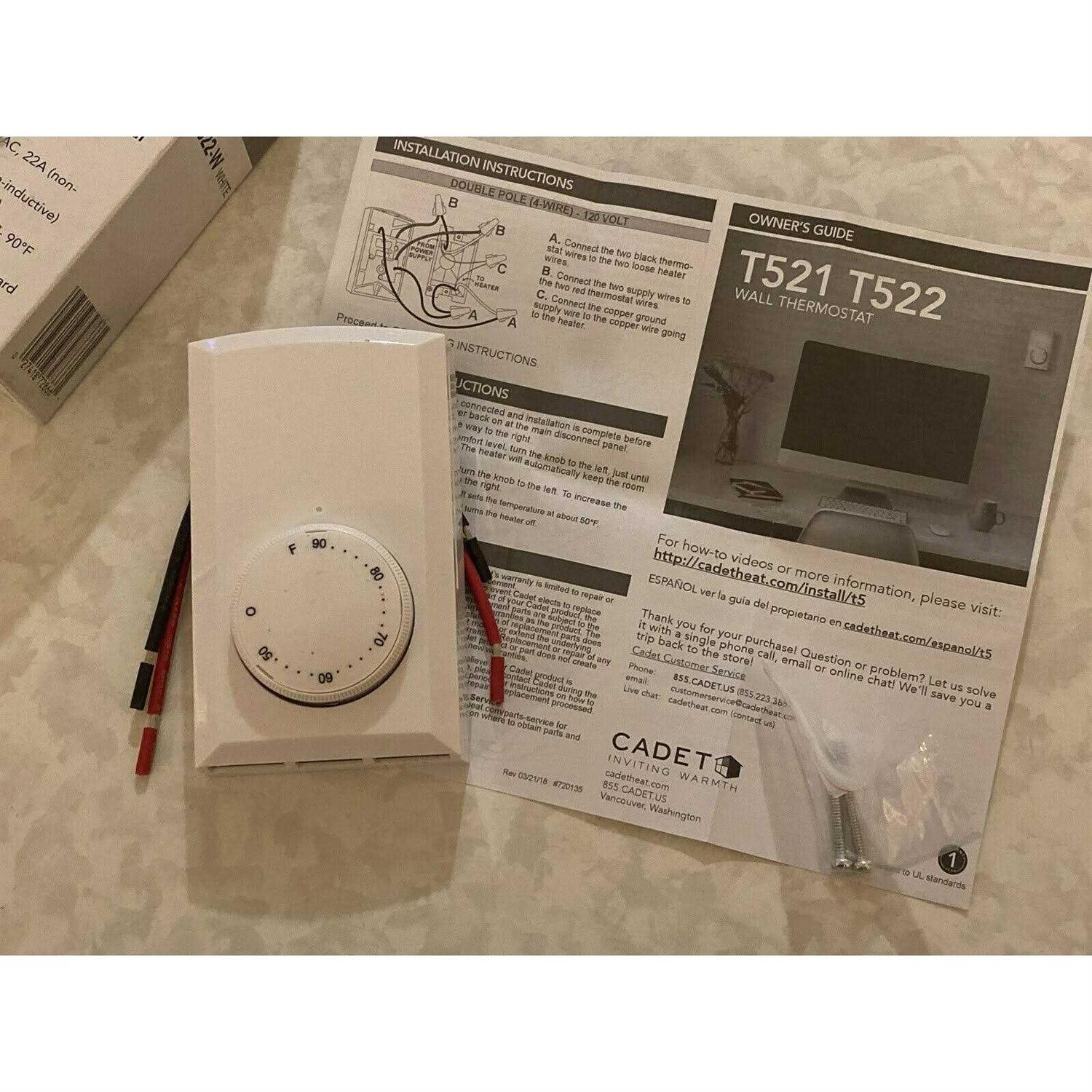 Cadet Mechanical Double-Pole 22 Amp Wall Thermostat T522-W - Cheap Fitting