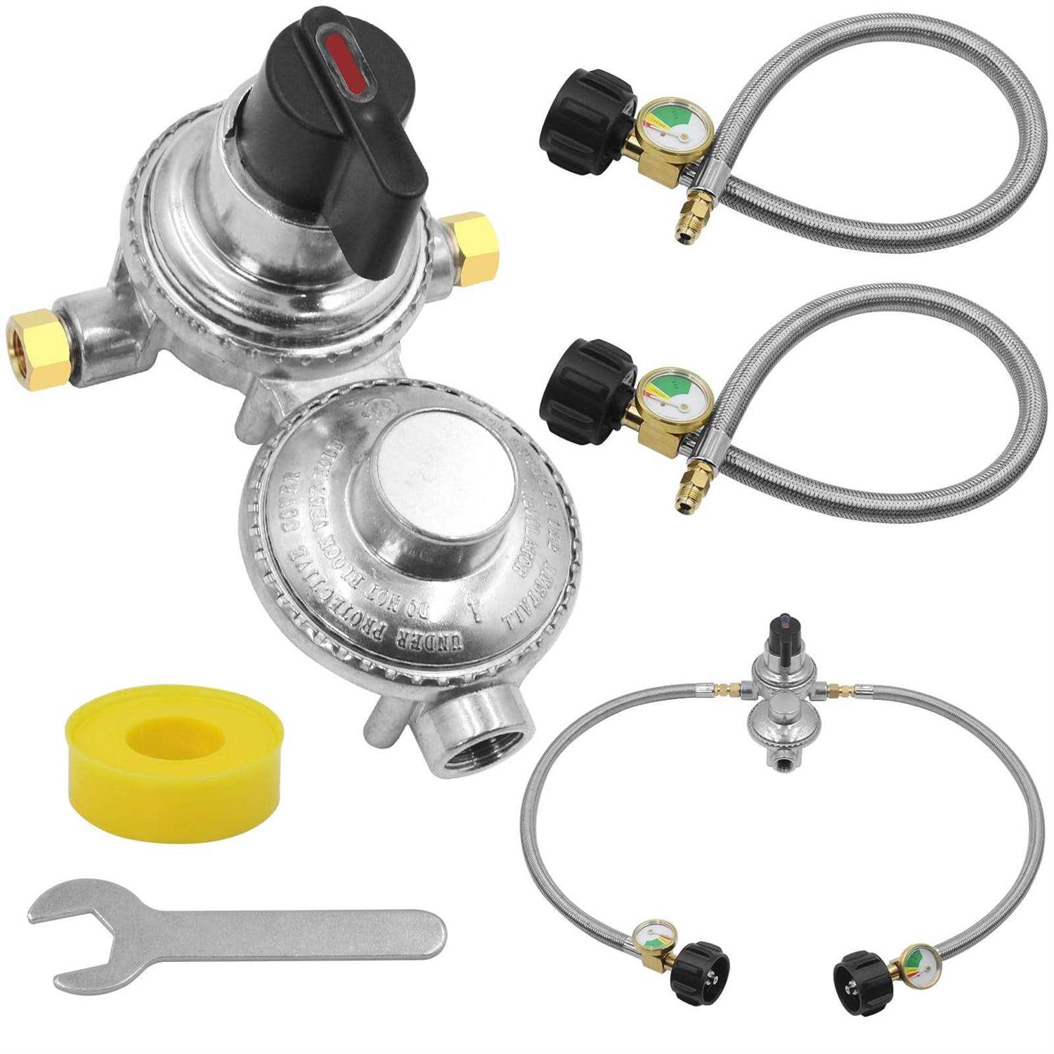 2-Stage Automatic Changeover LP Propane Gas Regulator RV Propane Regulator with Two 18 RV Pigtail Propane Hoses with Gauge - Cheap Fitting