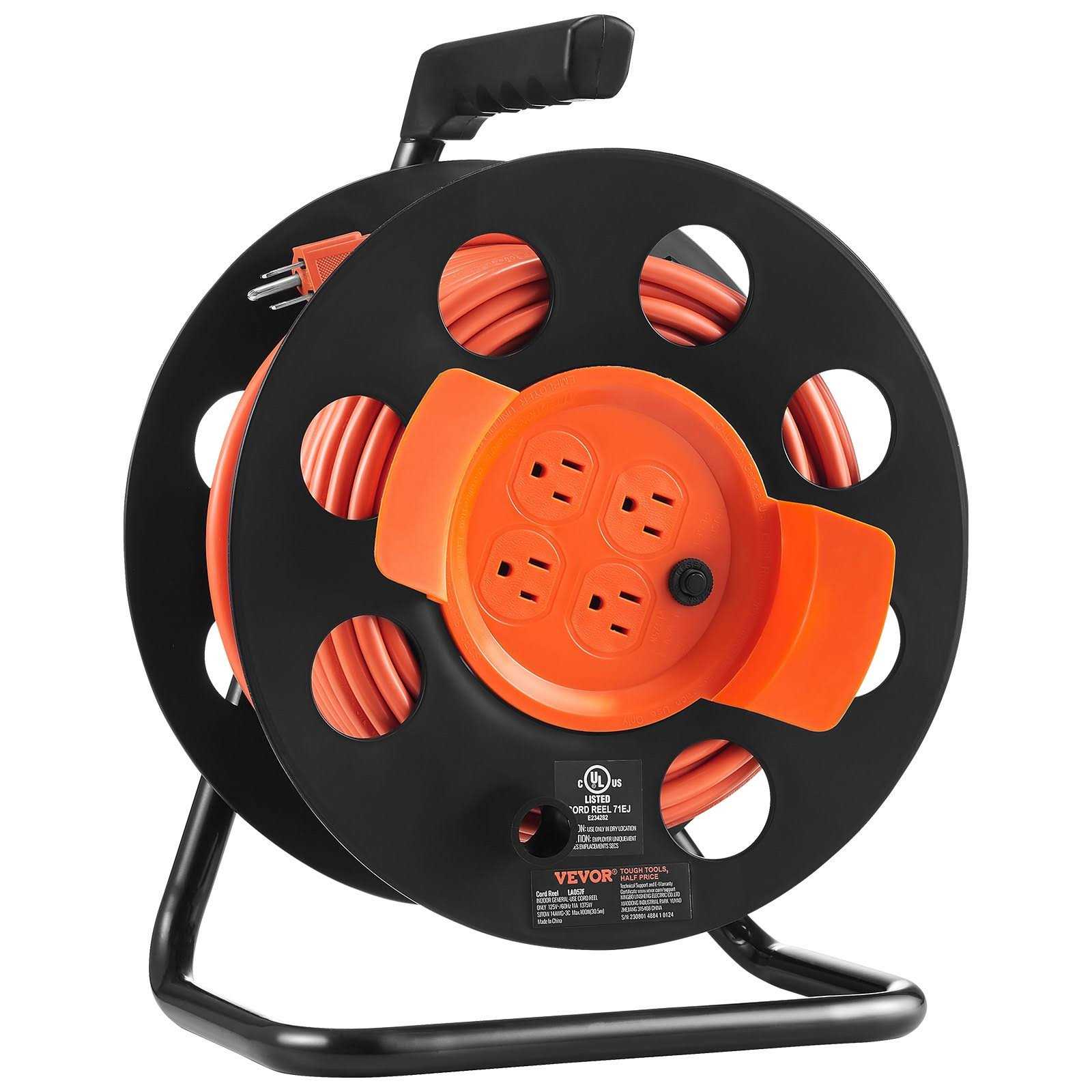 VEVOR Extension Cord Reel, 100FT, with 4 Outlets and Dust Cover Heavy Duty SJTOW Power Cord - Cheap Fitting
