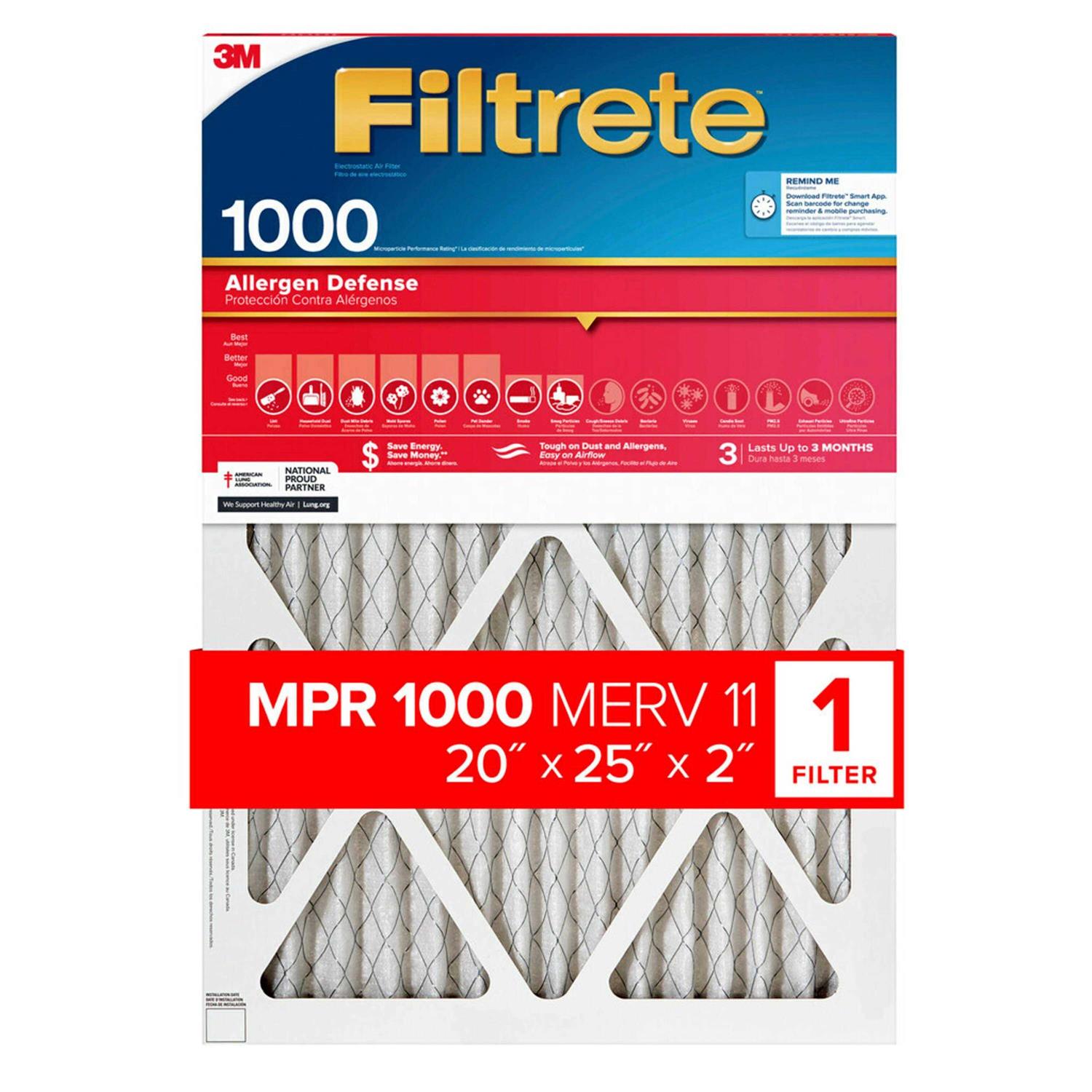 Filtrete 20-in W x 25-in L x 2-in MERV 11 1000 MPR Allergen Defense Electrostatic Pleated Air Filter LADP03-2IN-6 - Cheap Fitting