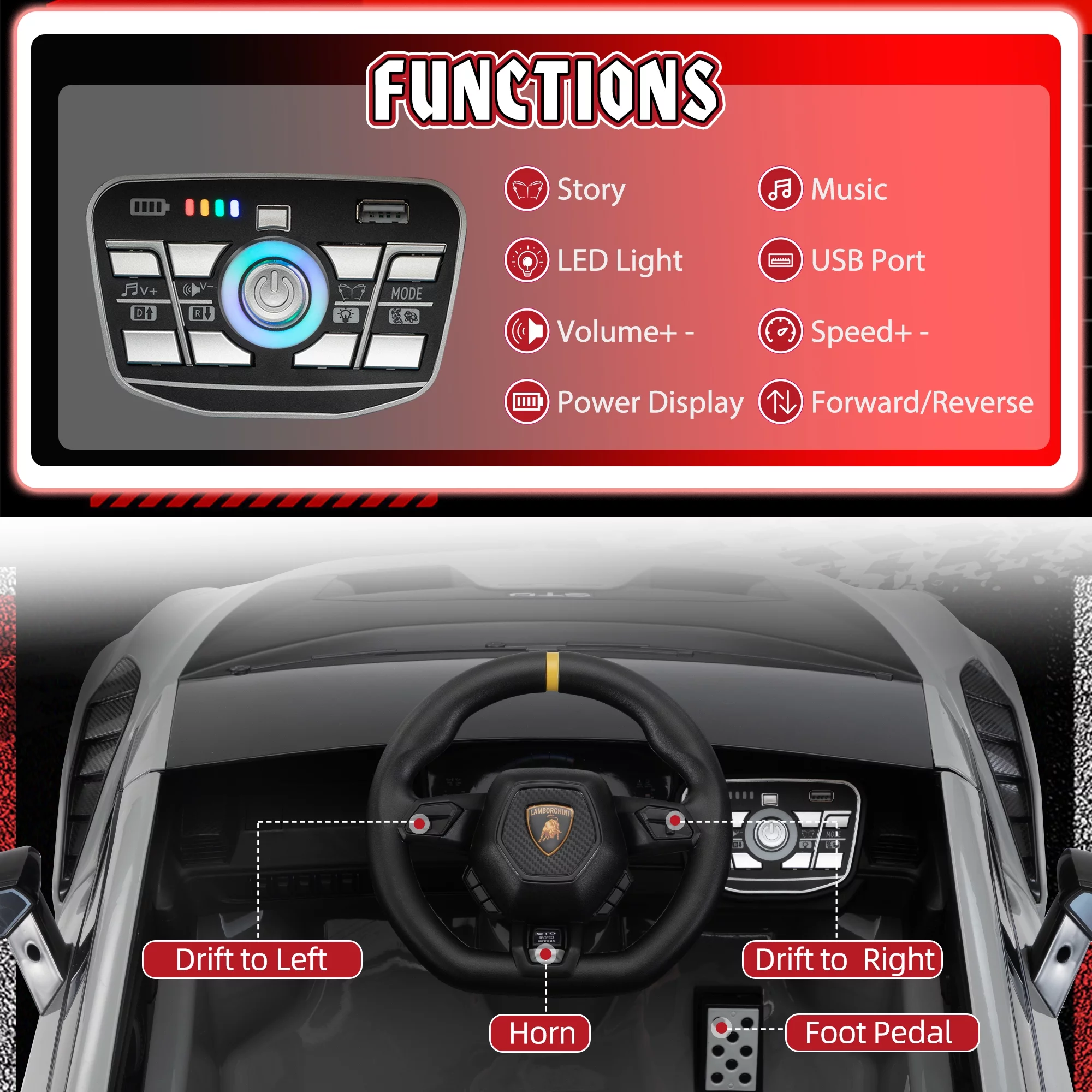 TOBBI 24V Lamborghini STO Licensed Kids Ride on Drift Car Gray Electric Car W/Remote Control LED Lights, up to 10 mph - Cheap Fitting