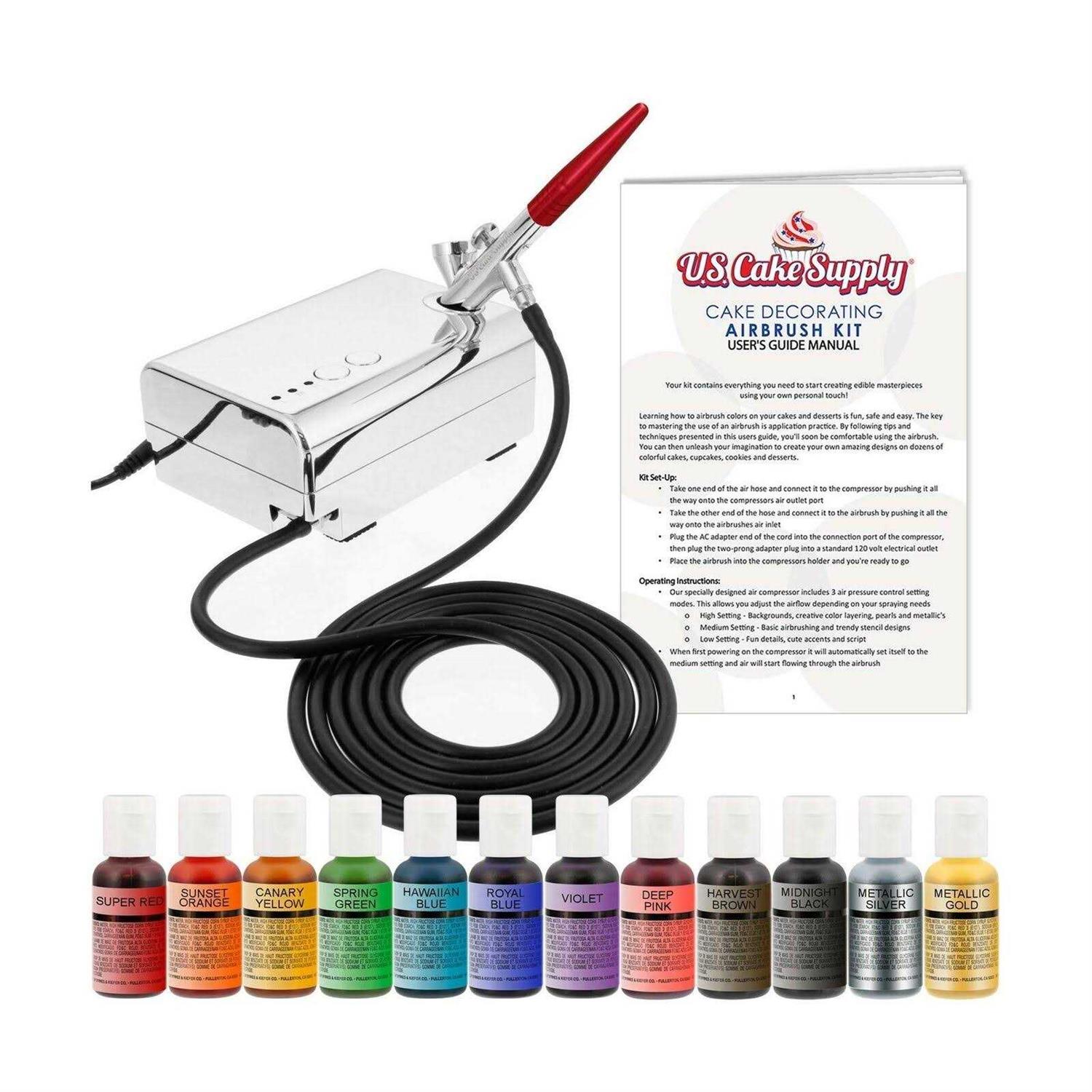 U.S. Cake Supply Complete Cake Decorating Airbrush Kit with a Full Selection of 12 Vivid Airbrush Food Colors - Cheap Fitting