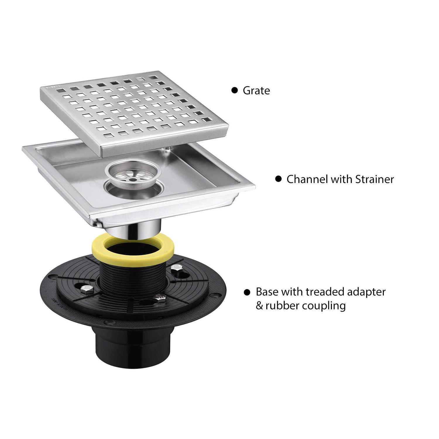 Luxier 6 in. x 6 in. Stainless Steel Square Shower Drain - Cheap Fitting