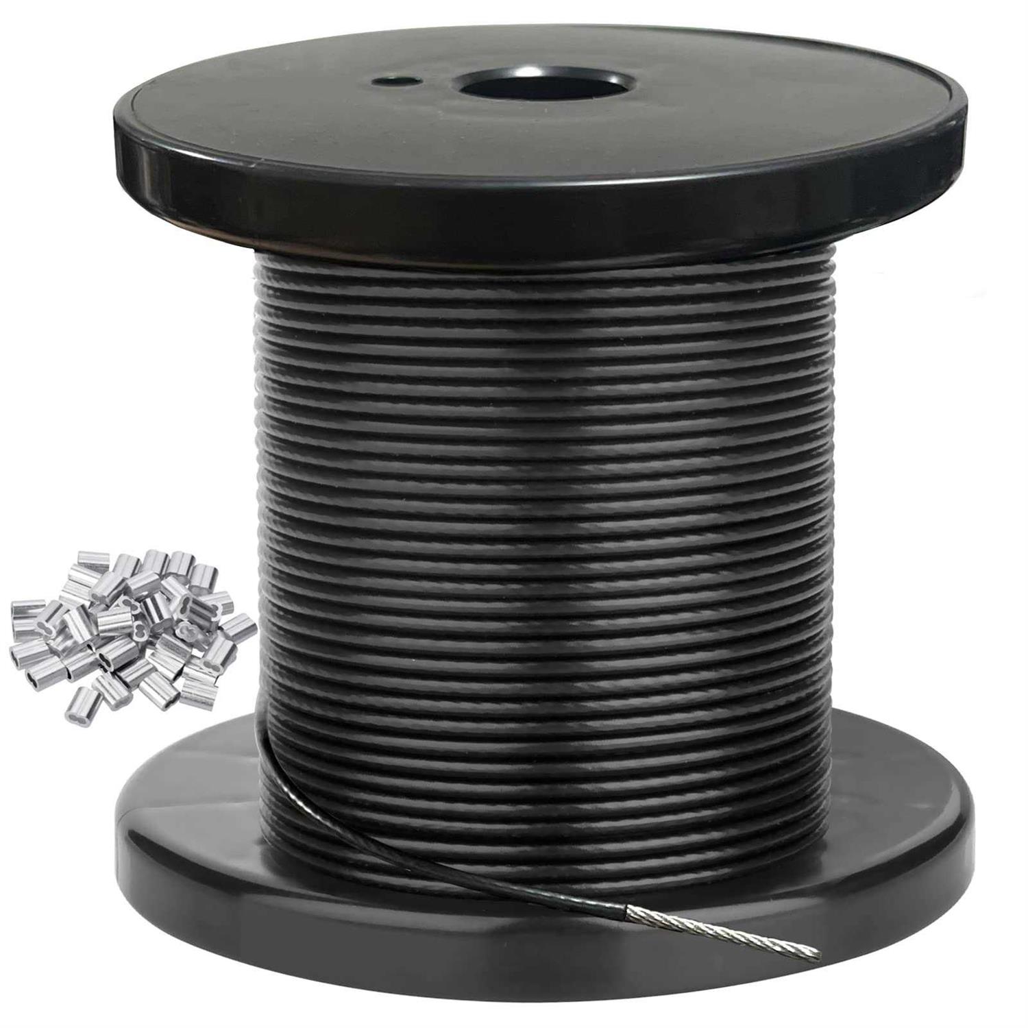 AccEncyc 100Ft Wire Rope Black Vinyl Coated 304 Stainless Steel Wire Rope for Outdoor Light 2 mm Outdoor Light Guide Wire with 50 Pcs Alloy Sleeves - Cheap Fitting