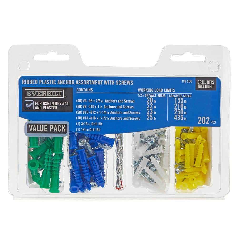 Everbilt 202-Piece #4-#16 x 7/8 in. x 1-1/2 in. Plastic Ribbed Anchor Pack with Screw - Cheap Fitting
